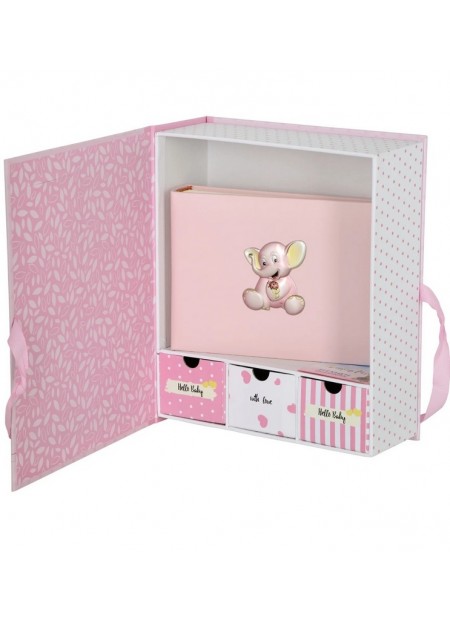 Παιδικό ασημένιο SET 25Χ30εκ ΡΟΖ με Album 15x20cm, Ασημένια κορνίζα και 3 συρταράκια