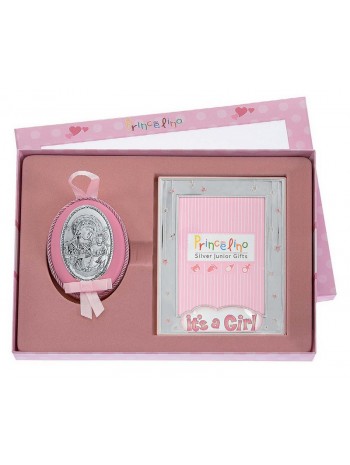 Παιδικό ασημένιο set 20x25cm ΡΟΖ It's a GIRL αποτελούμενο από ασημένια κορνίζα 9x13cm και ασημένια εικονα 8x11cm