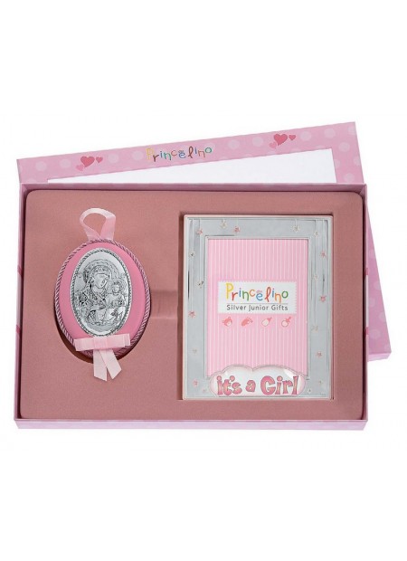 Παιδικό ασημένιο set 20x25cm ΡΟΖ It's a GIRL αποτελούμενο από ασημένια κορνίζα 9x13cm και ασημένια εικονα 8x11cm