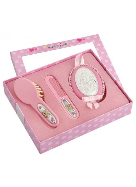 Παιδικό ασημένιο set 20x25cm ΡΟΖ με βουρτσάκι, κτενάκι και εικόνα 9χ13cm
