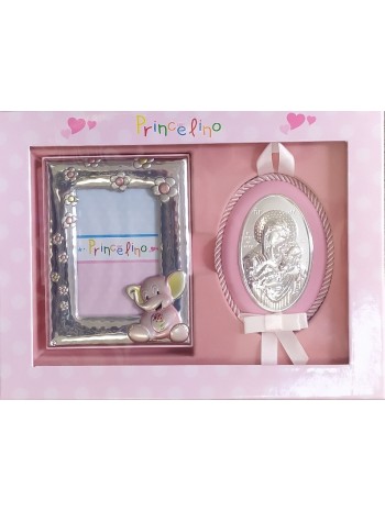 Παιδικό ασημένιο set 20x25cm ΡΟΖ αποτελούμενο από ασημένια κορνίζα 9x13cm και ασημένια εικονα 8x11cm