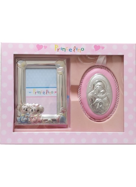 Παιδικό ασημένιο set 20x25cm ΡΟΖ αποτελούμενο από ασημένια κορνίζα 9x13cm Mini & Mickey και ασημένια εικονα 8x11cm